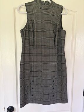 APT. 9 Gray Plaid Mock Neck Sheath Dress Size Medium Career Office Fall